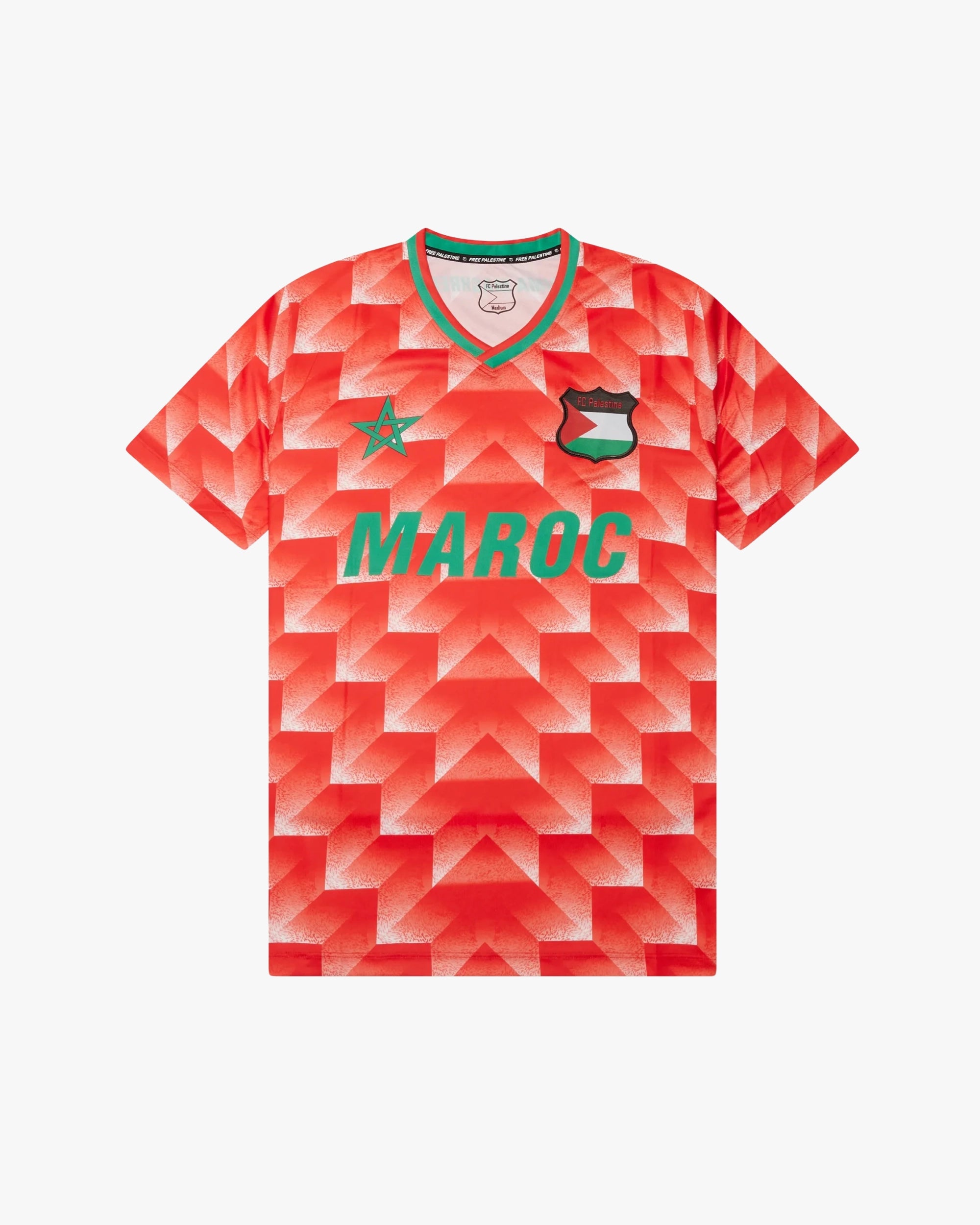 Maillot maroc palestine rouge motif géométrique texte Maroc vert étoile chérifienne