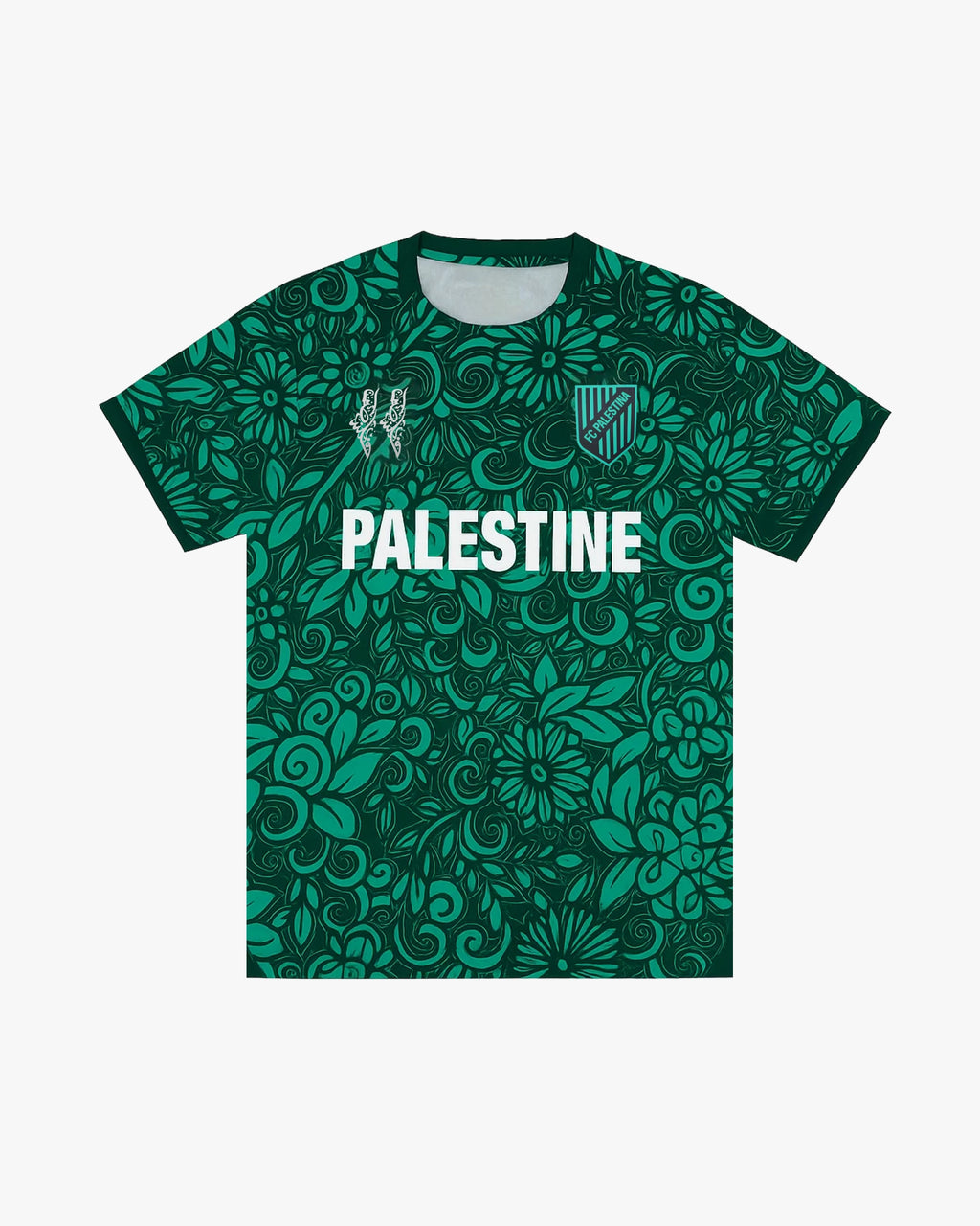Maillot palestine vert motif floral 2025 col rond écusson FC Palestina texte blanc premium