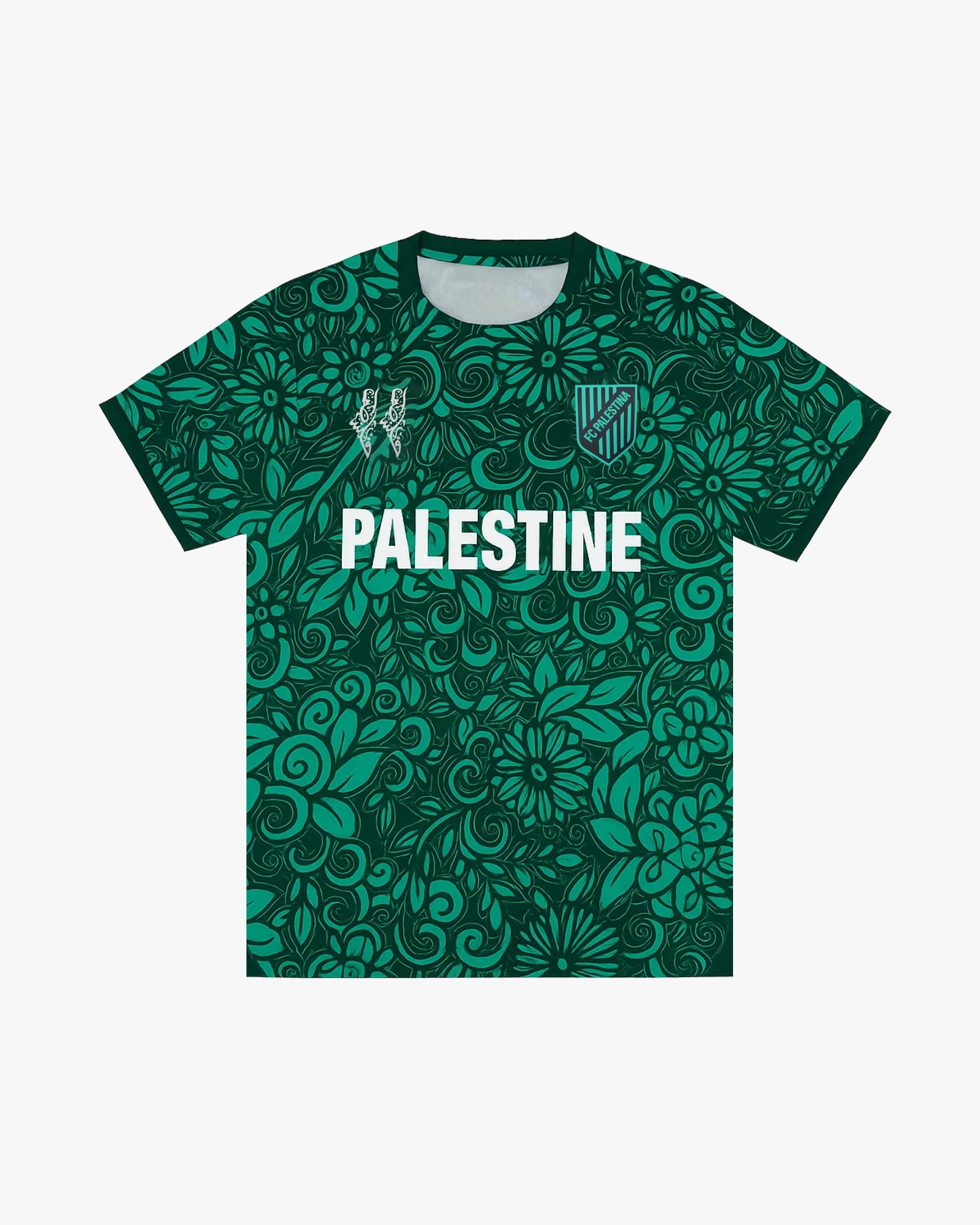 Maillot palestine vert motif floral 2025 col rond écusson FC Palestina texte blanc premium