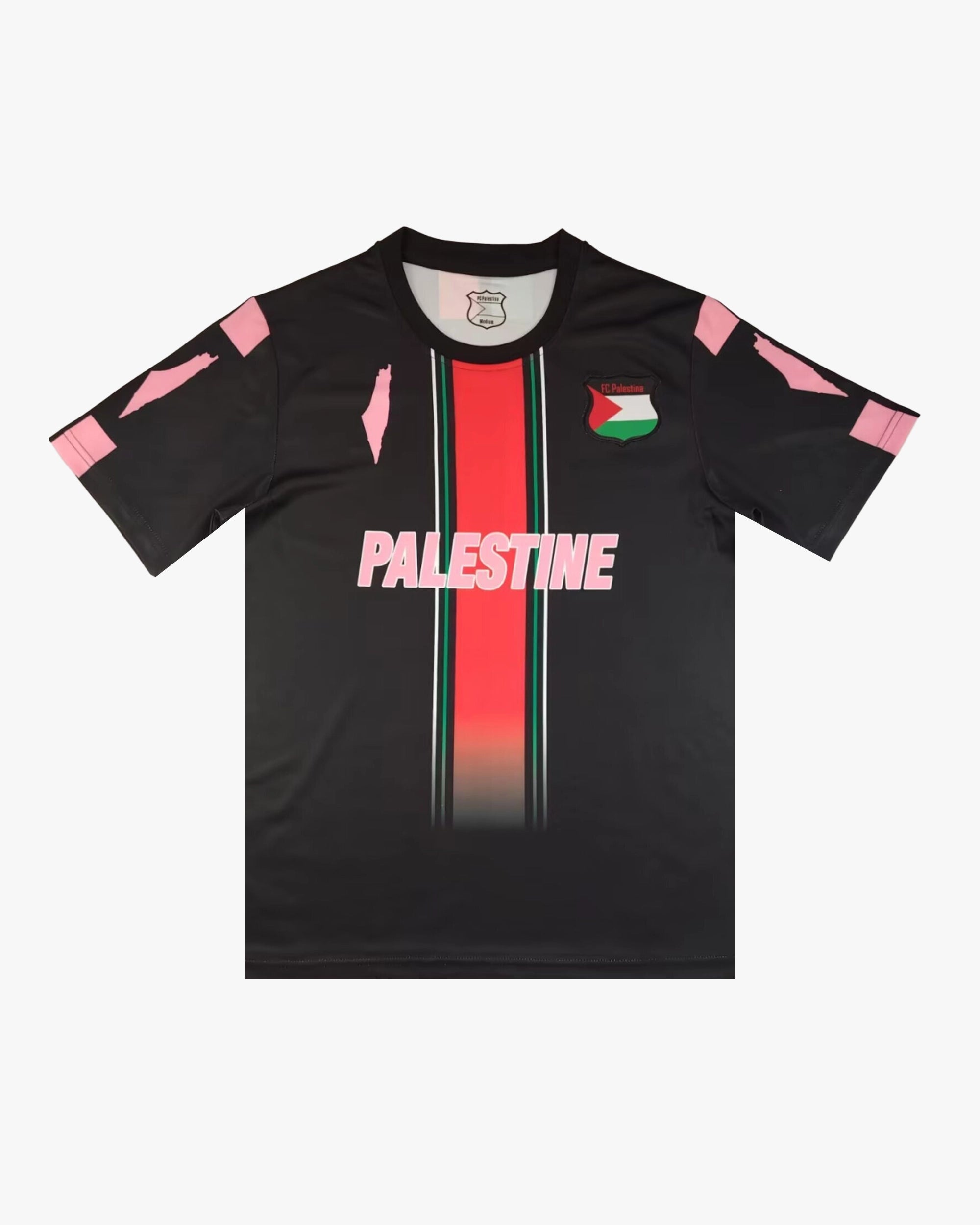 Maillot Palestine noir rose Édition Bandes avec design audacieux et couleurs contrastantes.