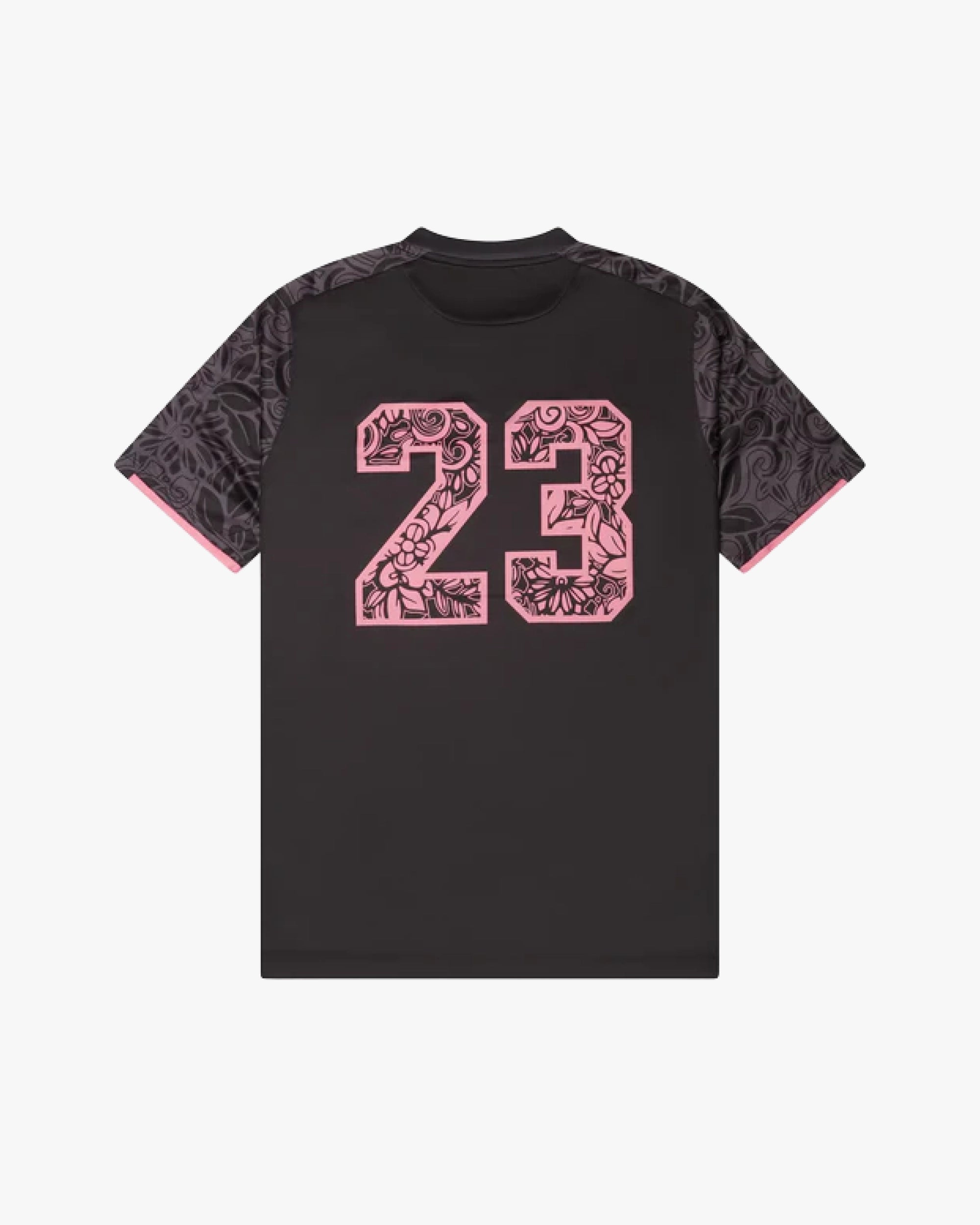 Maillot palestine noir et rose dos numéro 23 motif floral manches grises design premium