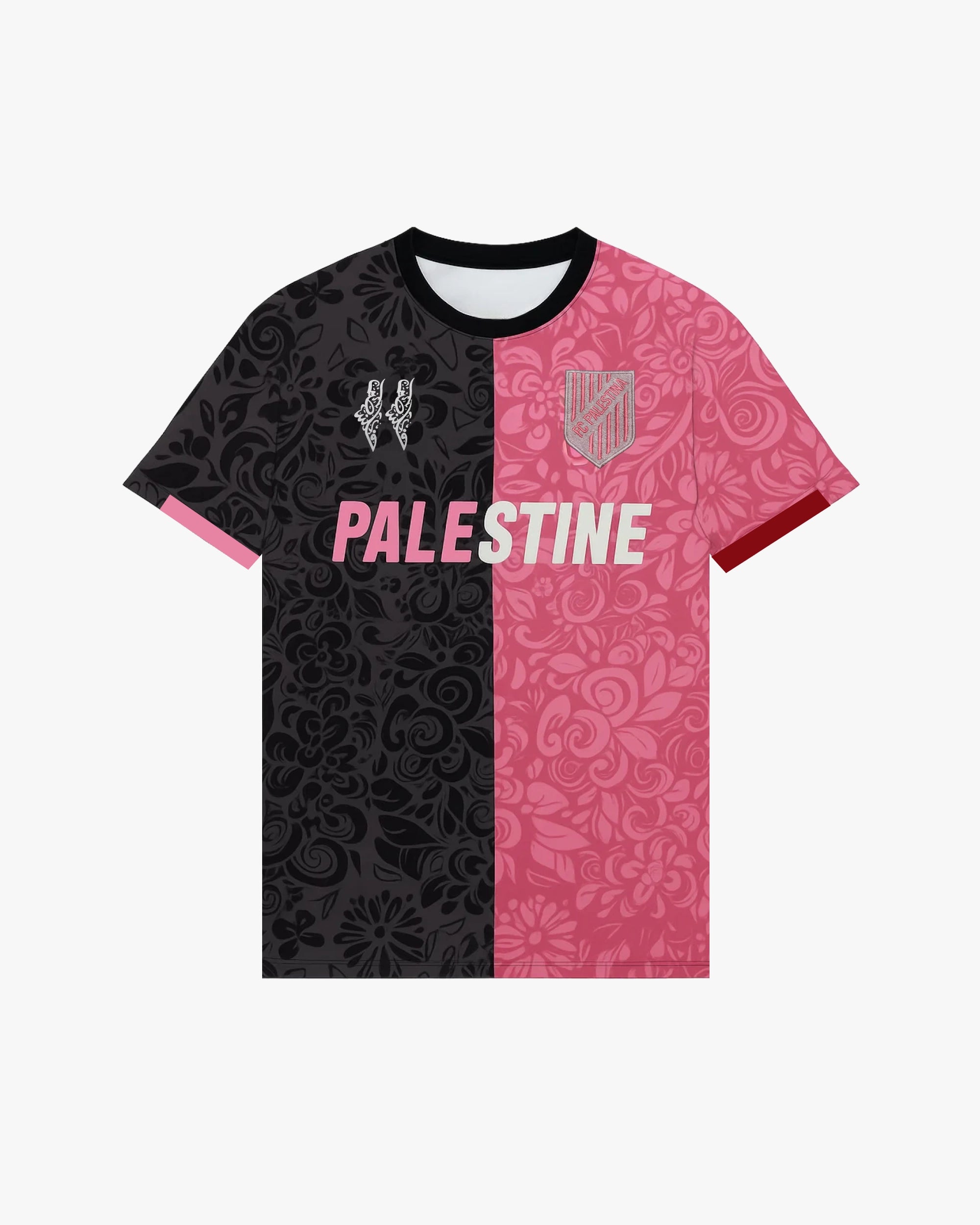 Maillot palestine noir et rose bicolore col rond motif floral texte Palestine premium 2025