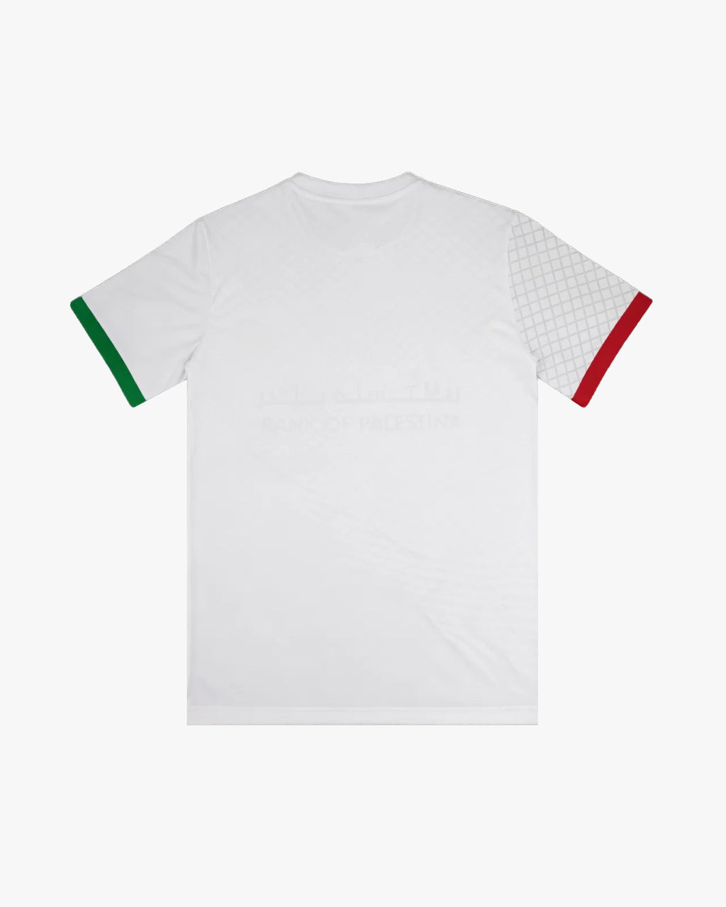 Vue arrière du maillot Palestine Keffieh avec manches vertes et rouges, design authentique pour collection.