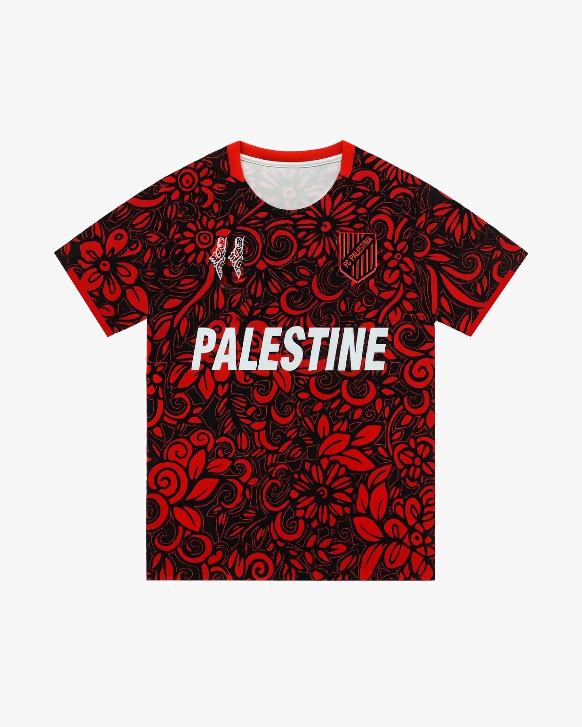 Maillot palestine rouge noir motif floral col rond texte Palestine écusson premium